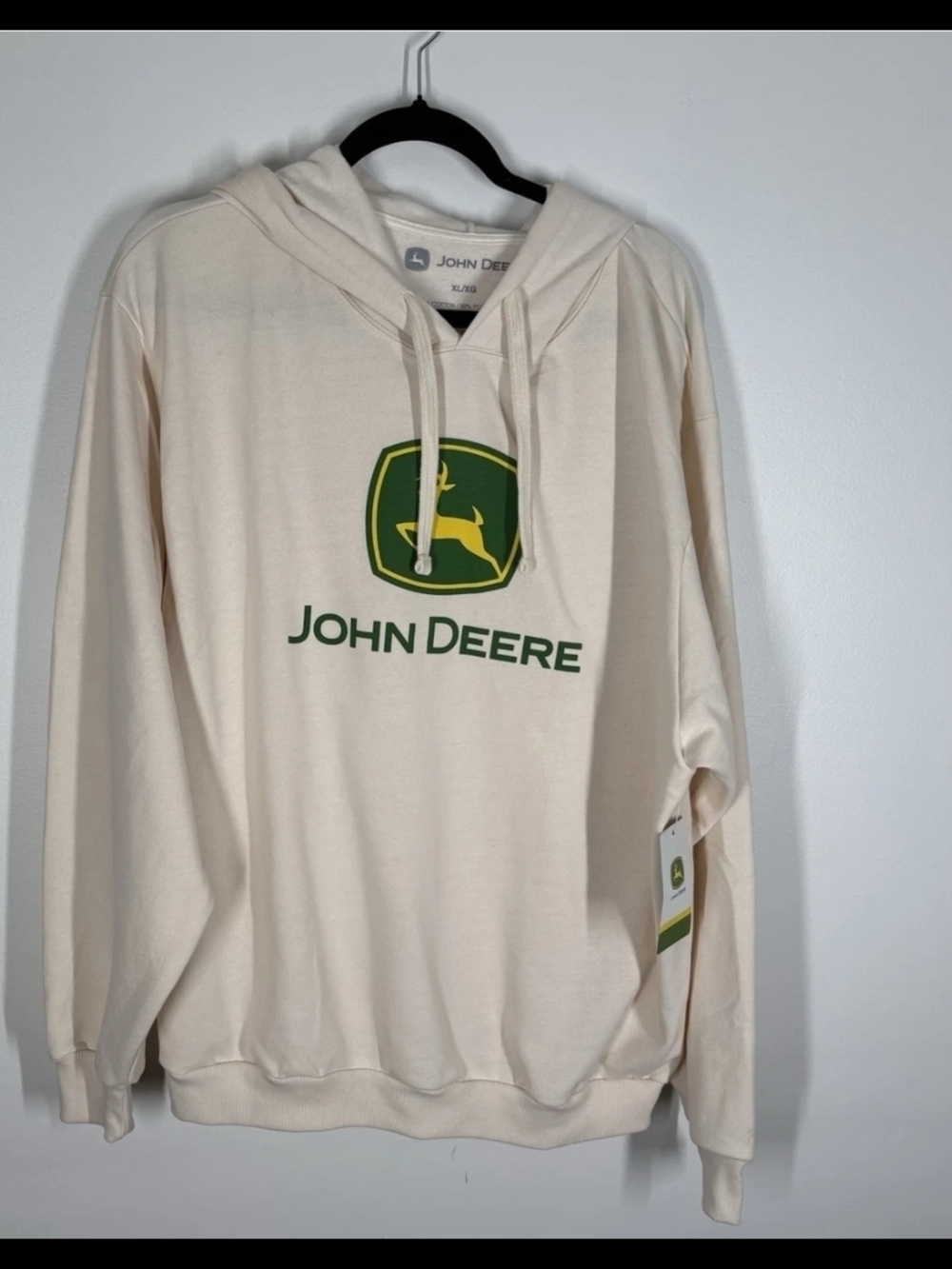 John Deere Cream Hoodie with Green & Yellow Logo
